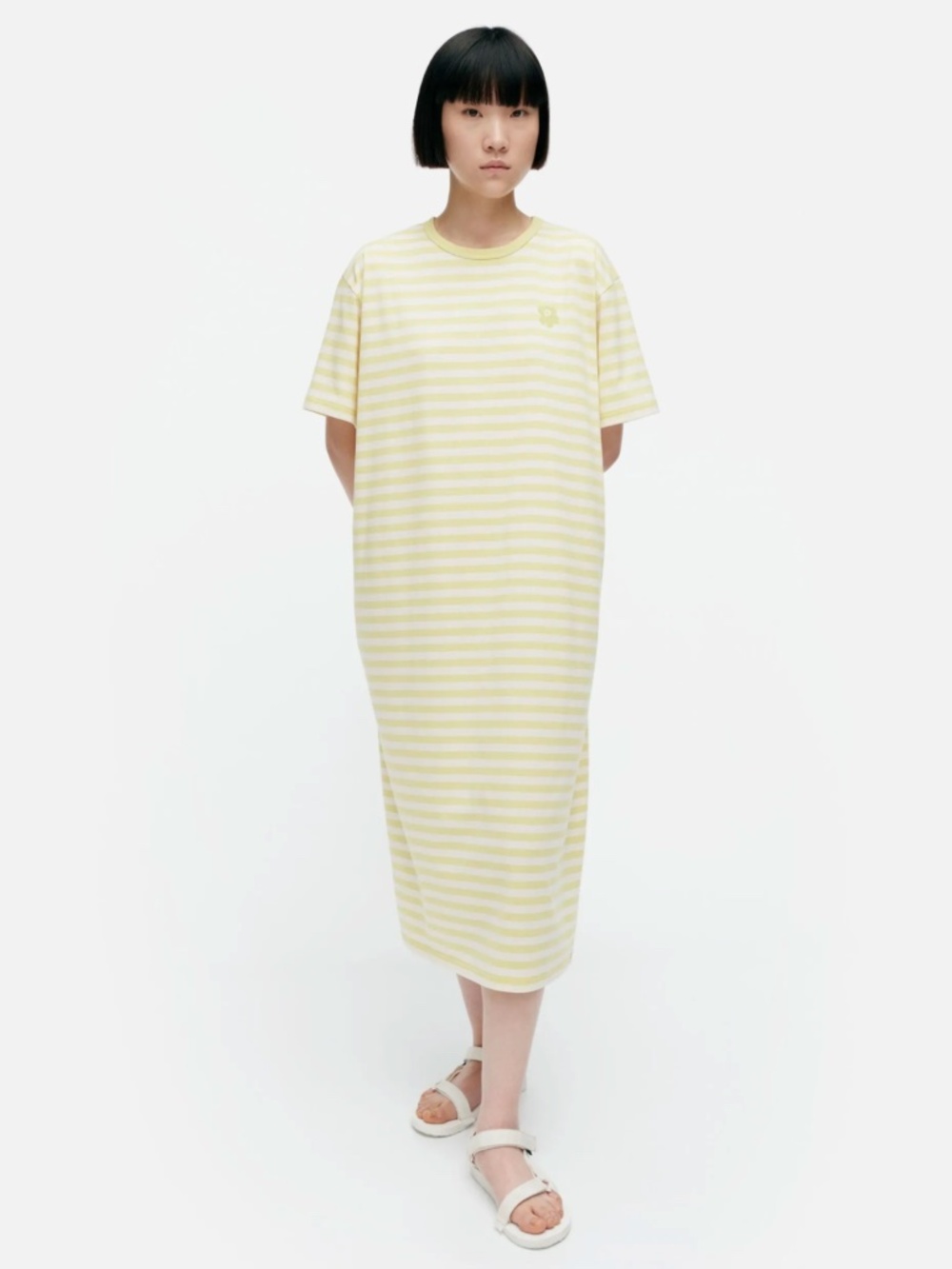 Marimekko Yellow and White Striped Tasaraita Cotton Dress Medium